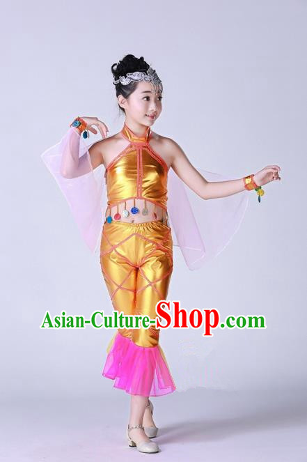 Top Grade Professional Compere Modern Dance Costume, Children Opening Dance Chorus Fish Dance Uniforms Golden Clothing Complete Set for Girls