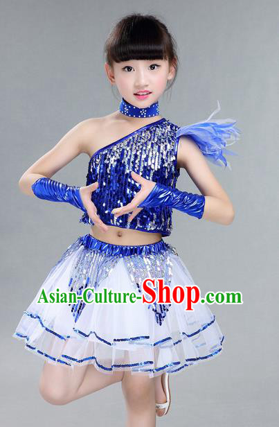 Top Grade Professional Compere Modern Dance Costume, Children Jazz Dance Latin Dance Uniforms Blue Clothing Complete Set for Girls