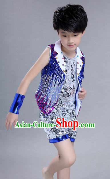 Top Grade Professional Compere Modern Dance Costume, Children Jazz Dance Latin Dance Uniforms Blue Clothing Complete Set for Boys