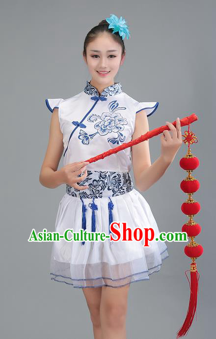 Top Grade Professional Compere Modern Dance Costume, Women Opening Dance Chorus Singing Group Uniforms Blue and White Porcelain Long Dress for Women