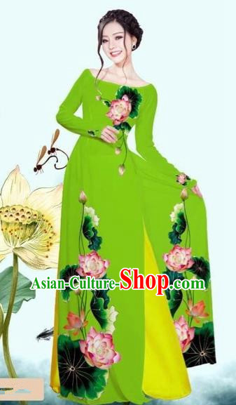 Traditional Top Grade Asian Vietnamese Costumes Classical Printing Lotus Green Cheongsam, Vietnam National Vietnamese Princess Bride Off Shoulder Ao Dai Dress