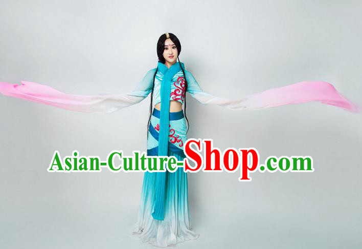 Traditional Chinese Ancient Princess Dance Costume, Women Flying Dance Water Sleeve Clothing, Umbrella Dance Blue Dress for Women