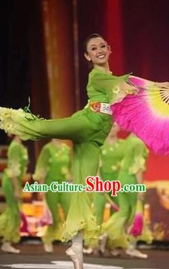 Traditional Chinese Classical Dance Costume, Women Yanko Dance Clothing, Umbrella Fan Dance Green Dress for Women