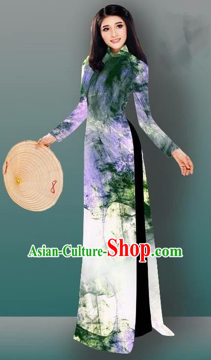 Top Grade Asian Vietnamese Costumes Classical Jing Nationality Gradient Watercolor Printing Deep Green Cheongsam, Vietnam National Vietnamese Traditional Princess Ao Dai Dress
