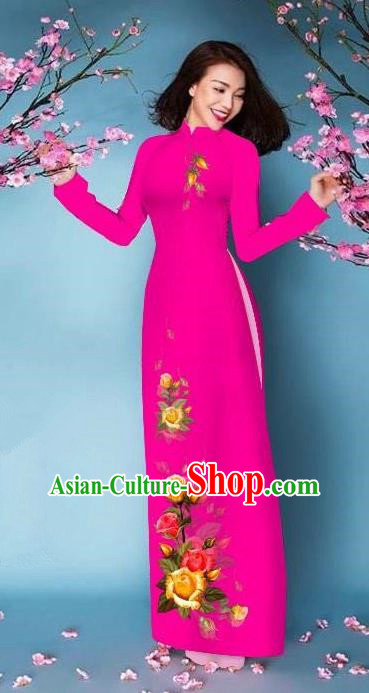 Top Grade Asian Vietnamese Costumes Classical Jing Nationality Printing Handmade Rosy Cheongsam, Vietnam National Vietnamese Bride Traditional Princess Ao Dai Dress