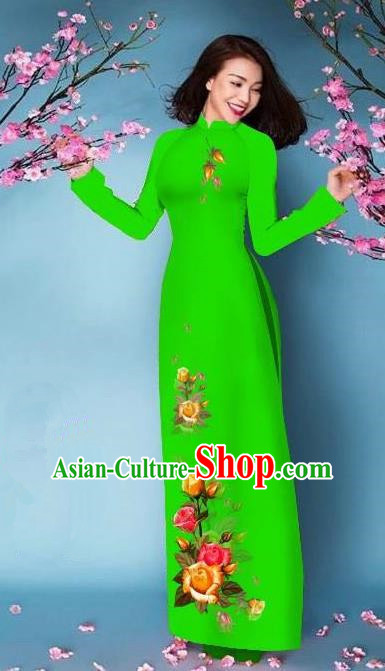 Top Grade Asian Vietnamese Costumes Classical Jing Nationality Printing Handmade Light Green Cheongsam, Vietnam National Vietnamese Bride Traditional Princess Ao Dai Dress