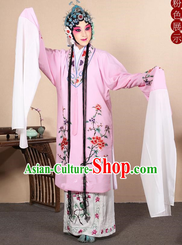Traditional Chinese Beijing Opera Huangmei Opera Female Pink Clothing and Headwear Complete Set, China Peking Opera Diva Role Hua Tan Costume Embroidered Opera Costumes