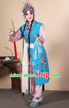 Traditional Chinese Beijing Opera Shaoxing Opera Young Female Blue Vest Clothing Complete Set, China Peking Opera Diva Role Hua Tan Costume Embroidered Opera Costumes