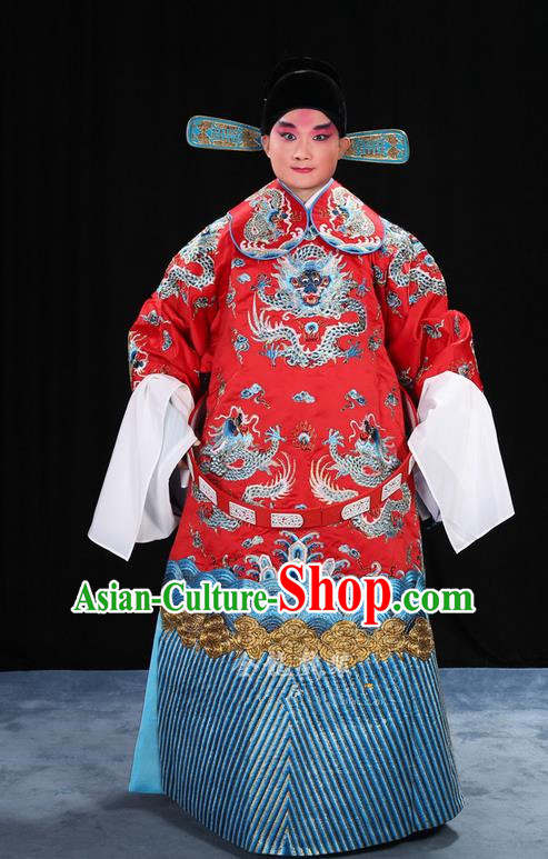 Traditional Chinese Beijing Opera Male Red Clothing and Belts Complete Set, China Peking Opera His Royal Highness Costume Embroidered Robe Dragon robe Opera Costumes