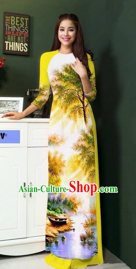 Top Grade Asian Vietnamese Clothing Classical Jing Nationality Handmade Cheongsam, Vietnam National Bride Traditional Printing Yellow Ao Dai Dress for Women