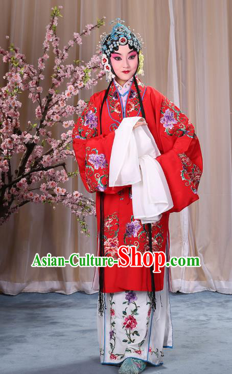 Traditional Chinese Beijing Opera Shaoxing Opera Young Female Red Clothing and Headwear Shoes Complete Set, China Peking Opera Diva Role Hua Tan Costume Embroidered Opera Bride Costumes