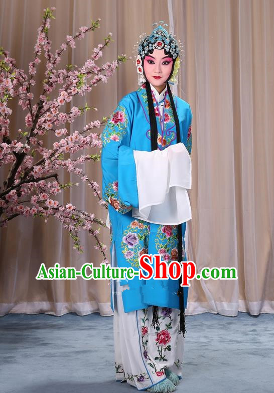 Traditional Chinese Beijing Opera Shaoxing Opera Young Female Blue Clothing and Headwear Shoes Complete Set, China Peking Opera Diva Role Hua Tan Costume Embroidered Opera Bride Costumes