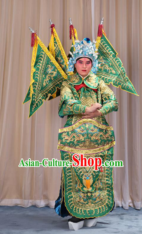 Traditional Chinese Beijing Opera Military Officer Armour Green Clothing and Boots Complete Set, China Peking Opera Martial General Role Costume Embroidered Opera Costumes