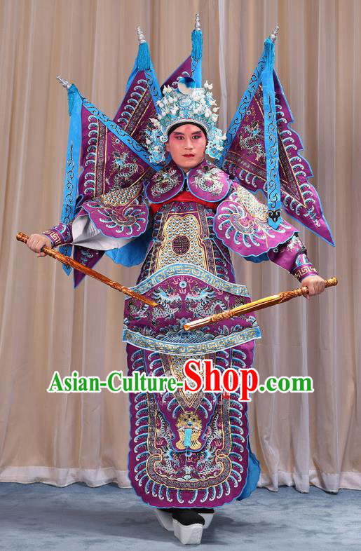 Traditional Chinese Beijing Opera Takefu Green Armour Purple Clothing and Boots Complete Set, China Peking Opera Martial General Role Costume Embroidered Opera Costumes