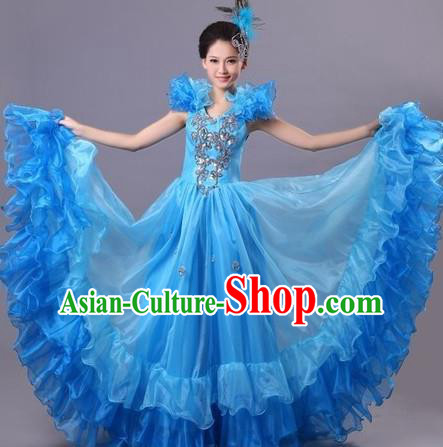 Top Grade Compere Professional Compere Costume, Ballroom Dance Dress Modern Opening Dance Big Swing Blue Dress for Women