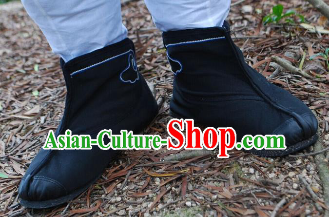Traditional Chinese Peking Opera Shoes, China Ancient Short Boots, Chinese Kung fu Black Cloth Boots for Men