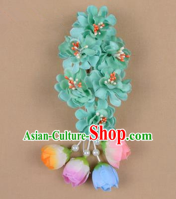 Chinese Ancient Peking Opera Green Wisteria Flowers Hair Accessories, Traditional Chinese Beijing Opera Props Head Ornaments Hua Tan Headwear Hairpins