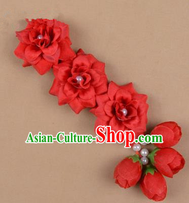 Chinese Ancient Peking Opera Red Flowers Hair Accessories, Traditional Chinese Beijing Opera Props Head Ornaments Hua Tan Flocking Headwear Hairpins