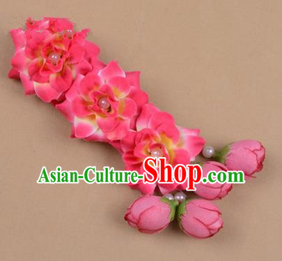 Chinese Ancient Peking Opera Rosy Flowers Hair Accessories, Traditional Chinese Beijing Opera Props Head Ornaments Hua Tan Flocking Headwear Hairpins