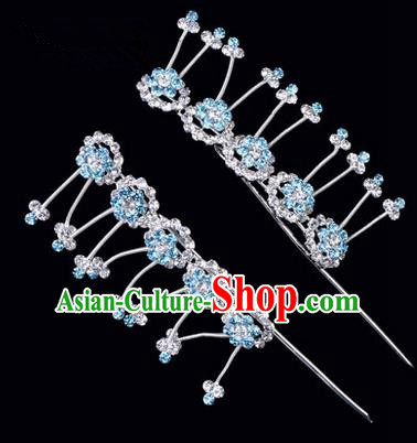 Chinese Ancient Peking Opera Hair Accessories Young Lady Headwear, Traditional Chinese Beijing Opera Head Ornaments Hua Tan Plum Blossom Blue Crystal Hairpins