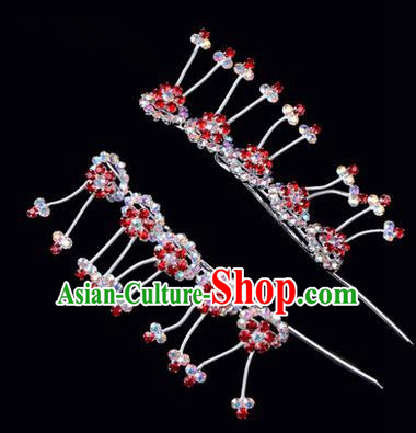 Chinese Ancient Peking Opera Hair Accessories Young Lady Headwear, Traditional Chinese Beijing Opera Head Ornaments Hua Tan Plum Blossom Colorful Red Crystal Hairpins