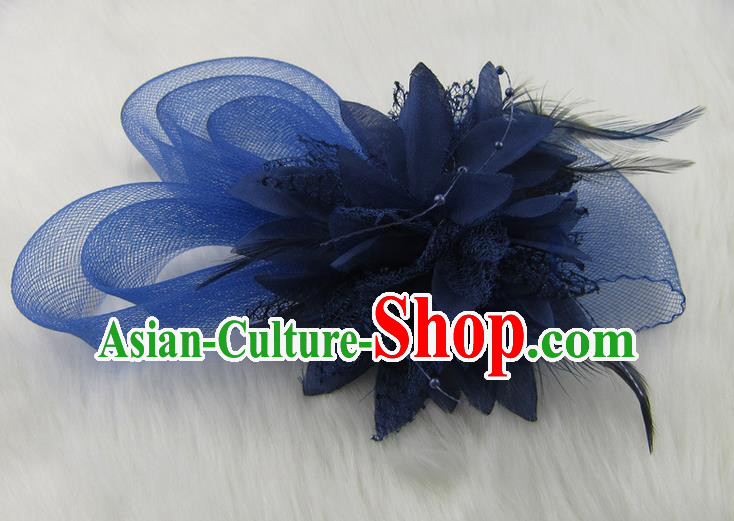 Top Modern Dance Hair Accessories Hair Clasp, Female Blue Feather Veil Ornament Headband for Women