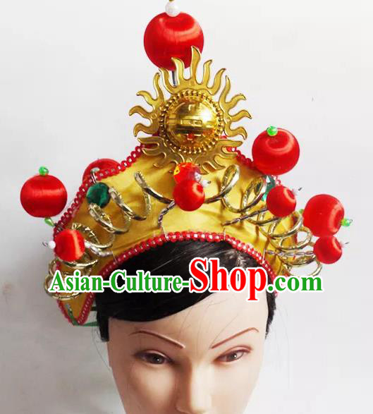 Traditional Chinese Peking Opera Headwear Waist Drum Hair Accessories, Chinese Folk Dance Golden Hat for Women