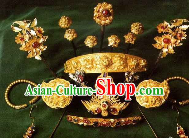 Traditional Chinese Ancient Classical Handmade Imperial Empress Hair Accessories Golden Headwear Hairpin Complete Set for Women