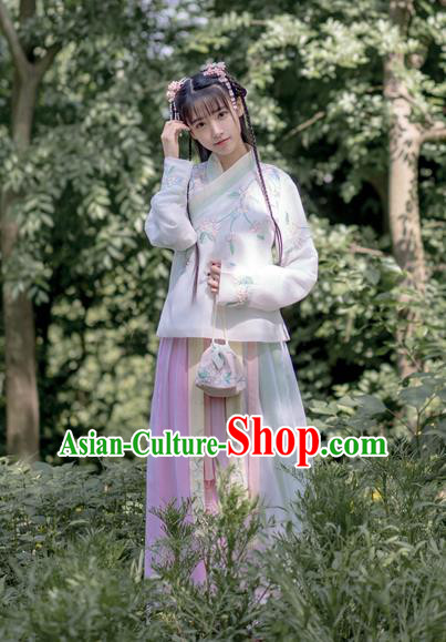 Traditional Chinese Ancient Ming Dynasty Young Lady Costumes, China Princess Hanfu Embroidered Slant Opening Blouse and Ru Skirt Complete Set for Women