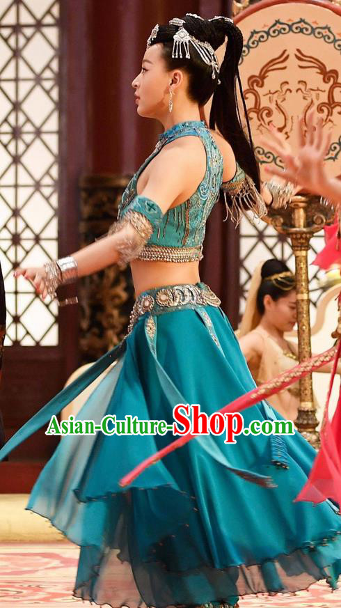 Chinese Ancient Tang Dynasty Palace Lady Belly Dance Costume and Headpiece Complete Set, Traditional Chinese Ancient Peri Flying Dance Dress Clothing for Women