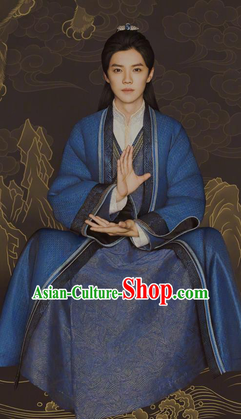 Chinese Ancient Tang Dynasty Taoist Priest Costume and Headpiece Complete Set, Fighter of the Destiny Traditional Chinese Ancient Swordsman Kawaler Clothing for Men