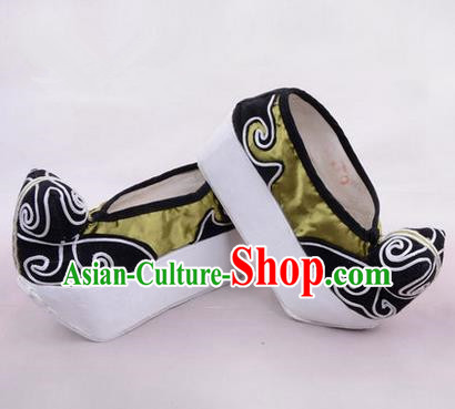 Chinese Ancient Peking Opera Young Men High Sole Shoes, Traditional China Beijing Opera Male Green Embroidered Shoes