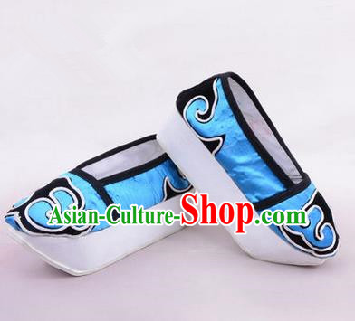 Chinese Ancient Peking Opera Huangmei Opera Young Men High Sole Shoes, Traditional China Beijing Opera Male Blue Embroidered Shoes