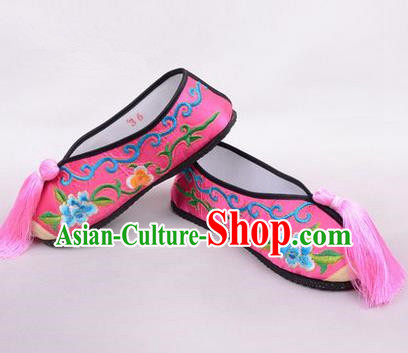 Chinese Ancient Peking Opera Young Lady Embroidered Hua Tan Shoes, Traditional China Beijing Opera Female Rosy Embroidered Shoes