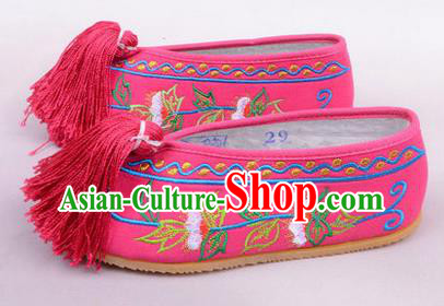 Chinese Ancient Peking Opera Young Lady Embroidered Hua Tan Shoes, Traditional China Beijing Princess Opera Rosy Embroidered Shoes