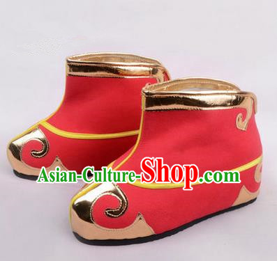 Chinese Ancient Peking Opera Martial Role Boots, Traditional China Beijing Opera Male Red Embroidered Shoes