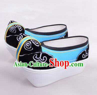 Chinese Ancient Peking Opera Scholar Young Men High Sole Shoes, Traditional China Beijing Opera Male Blue Embroidered Shoes