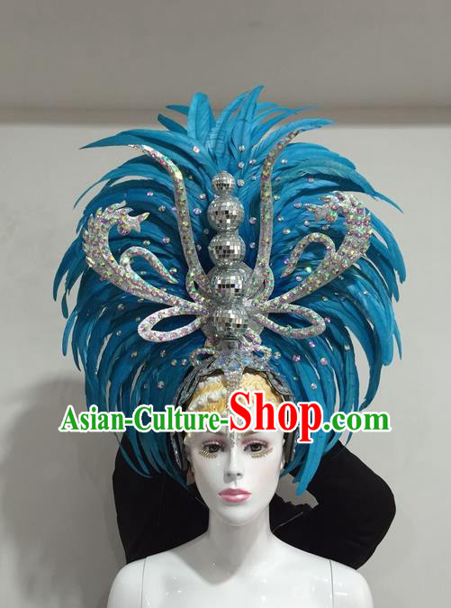 Top Grade Professional Stage Show Halloween Crystal Feather Headpiece Delux Hat, Brazilian Rio Carnival Samba Opening Dance Blue Feather Headwear for Women