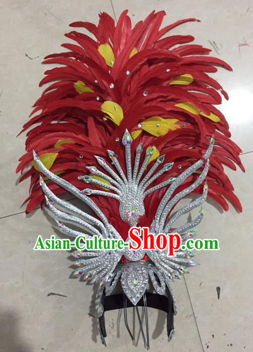 Top Grade Professional Stage Show Halloween Headpiece Red Feather Hat, Brazilian Rio Carnival Samba Opening Dance Imperial Empress Hair Accessories Headwear for Women