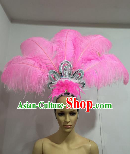 Top Grade Professional Stage Show Giant Headpiece Pink Feather Hair Accessories Decorations, Brazilian Rio Carnival Samba Opening Dance Headwear for Women
