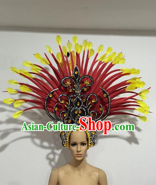 Top Grade Professional Stage Show Halloween Crystal Giant Headpiece Feather Hat, Brazilian Rio Carnival Samba Opening Dance Imperial Empress Hair Accessories Headwear for Women