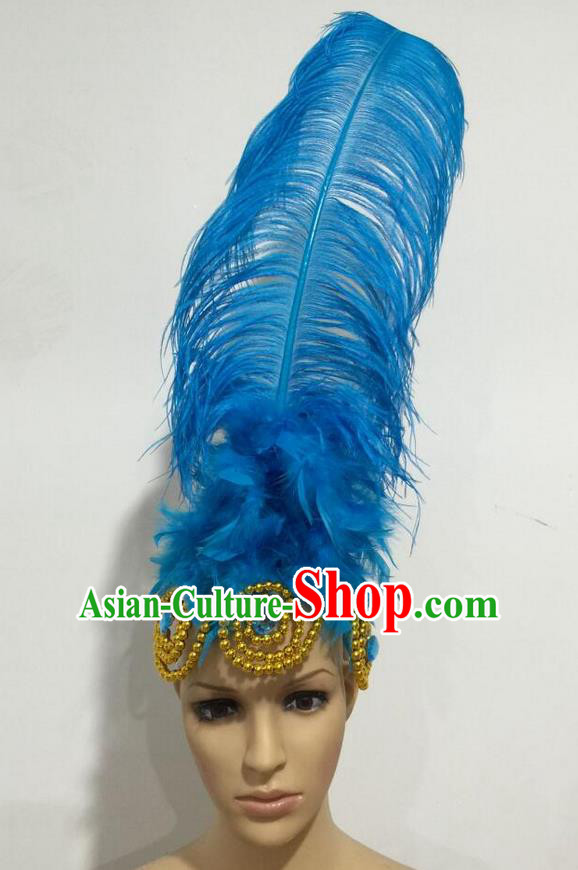 Top Grade Professional Stage Show Giant Headpiece Parade Hair Accessories, Brazilian Rio Carnival Samba Opening Dance Imperial Empress Blue Feather Headwear for Women