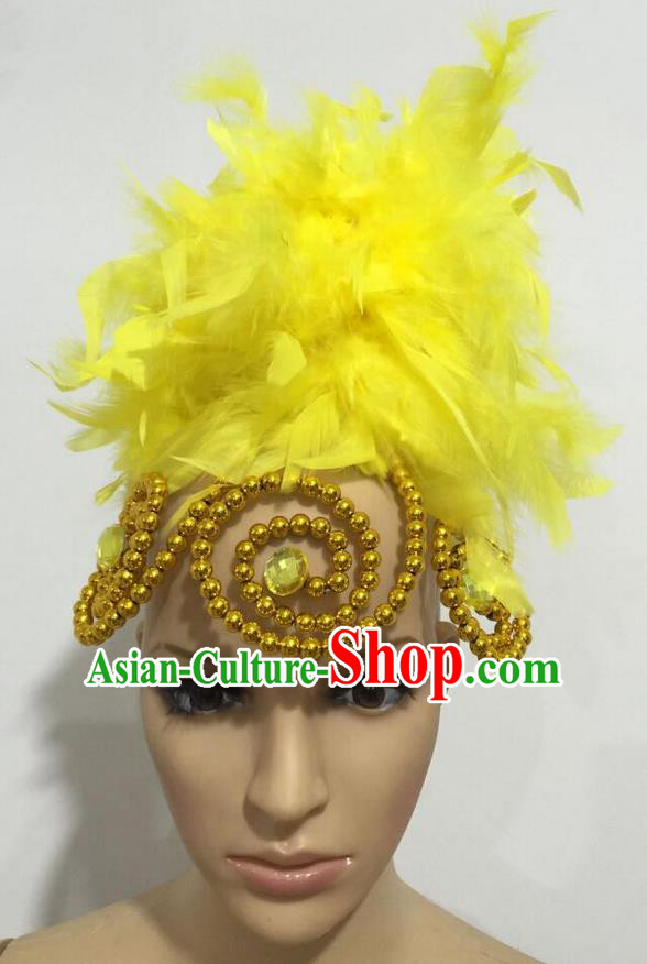 Top Grade Professional Stage Show Giant Headpiece Parade Hair Accessories, Brazilian Rio Carnival Samba Opening Dance Imperial Empress Yellow Feather Headwear for Women
