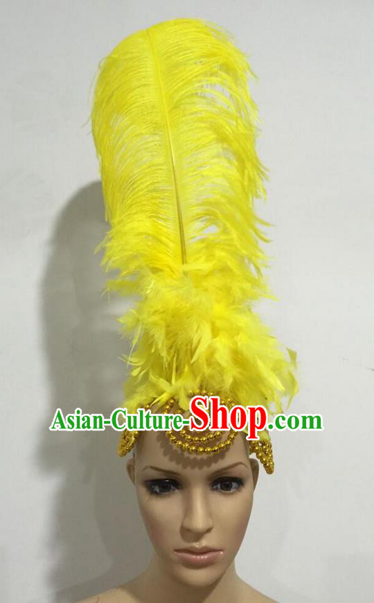 Top Grade Professional Stage Show Giant Headpiece Parade Hair Accessories, Brazilian Rio Carnival Samba Opening Dance Imperial Empress Yellow Feather Headwear for Women