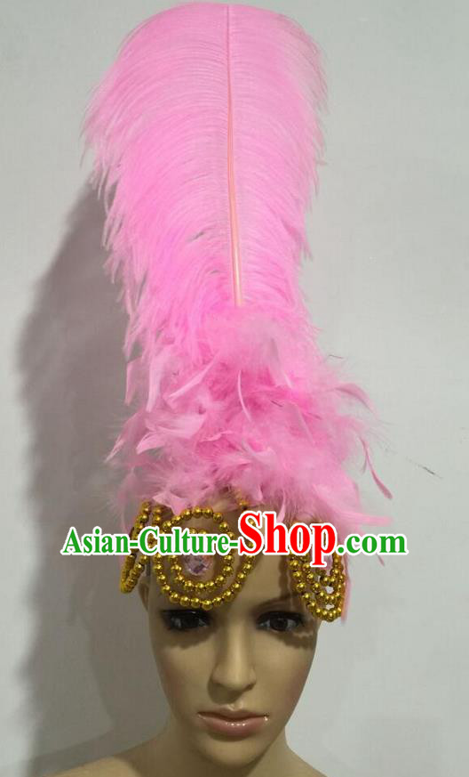 Top Grade Professional Stage Show Giant Headpiece Parade Hair Accessories, Brazilian Rio Carnival Samba Opening Dance Imperial Empress Pink Feather Headwear for Women