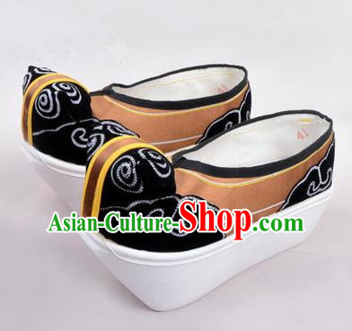Chinese Ancient Peking Opera Scholar Young Men High Sole Shoes, Traditional China Beijing Opera Male Bronze Embroidered Shoes