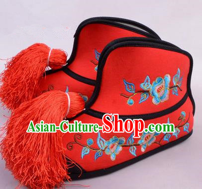 Traditional Chinese Ancient Peking Opera Martial Lady Embroidered Boots, China Beijing Opera Blues Red Embroidered Shoes