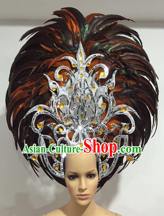 Top Grade Professional Stage Show Giant Headpiece Orange Feather Big Hair Accessories Decorations, Brazilian Rio Carnival Samba Opening Dance Headwear for Women