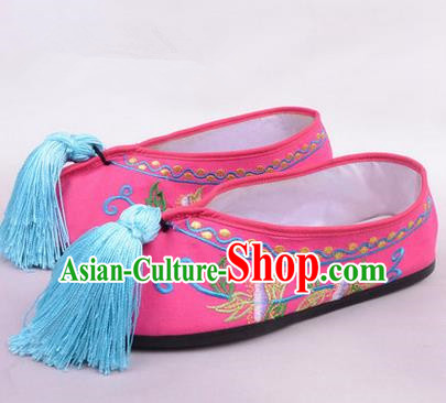 Chinese Ancient Peking Opera Young Lady Bride Embroidered Hua Tan Shoes, Traditional China Beijing Opera Princess Wedding Rosy Embroidered Shoes