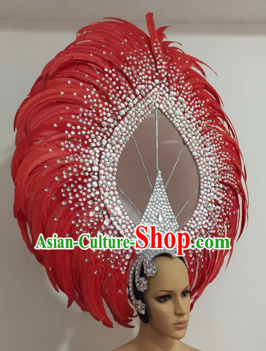 Top Grade Professional Stage Show Giant Headpiece Parade Giant Red Feather Crystal Hair Accessories Decorations, Brazilian Rio Carnival Samba Opening Dance Headwear for Women